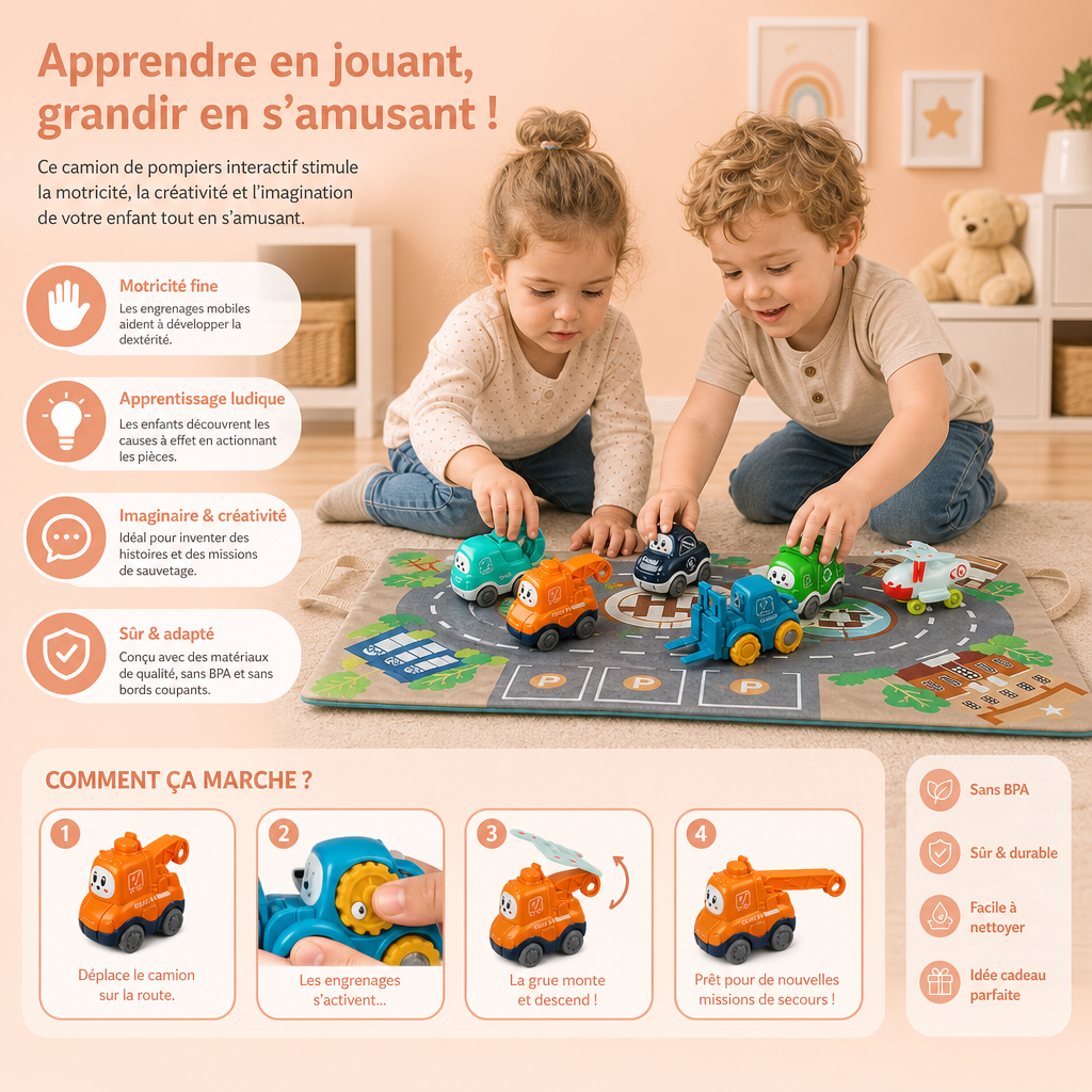 Jouet Camion de Pompiers Interactif avec Engrenages Mobiles Colorés