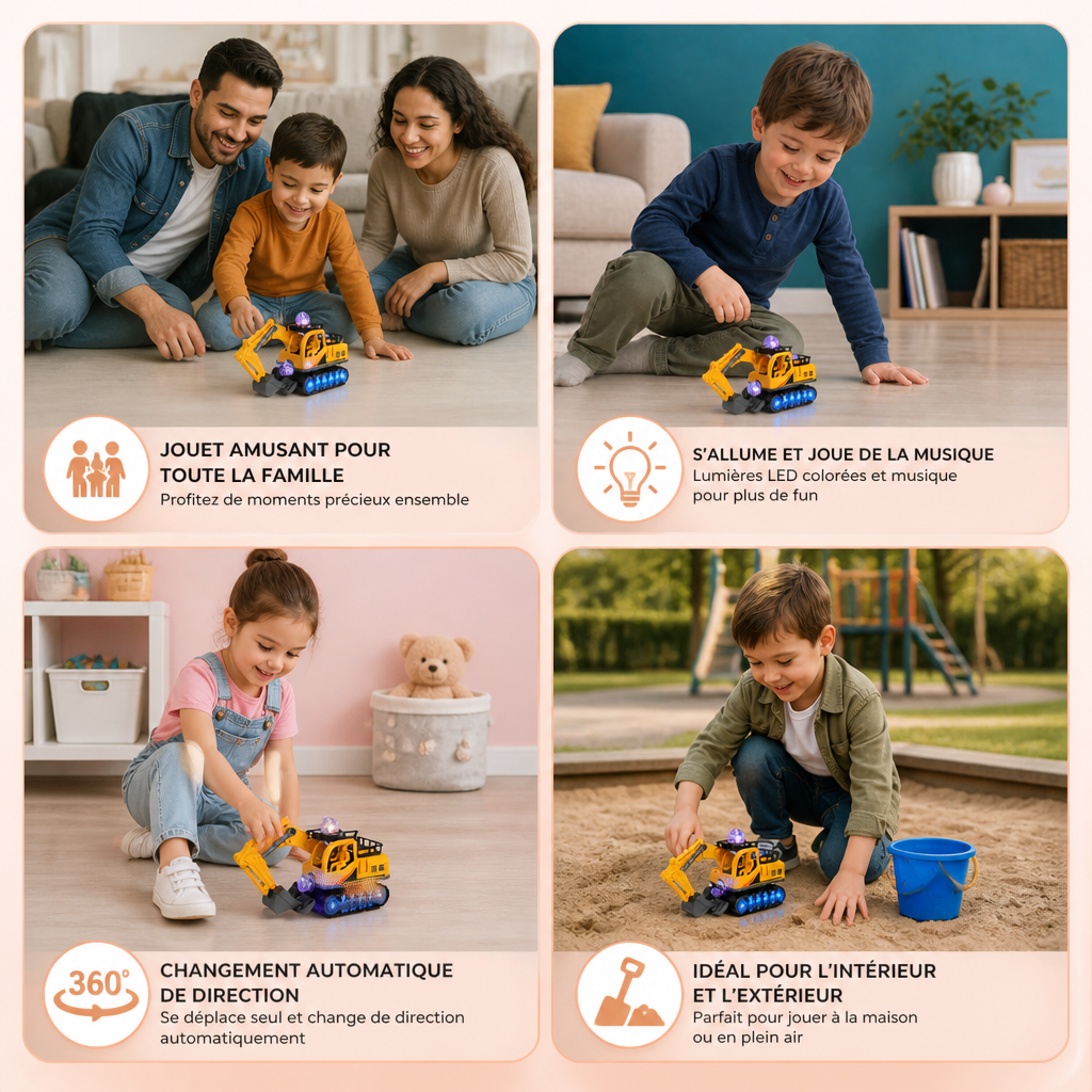 Excavatrice Électrique Pour Enfants Avec Boule Disco, Musique Et Fonction De Changement Automatique De Direction