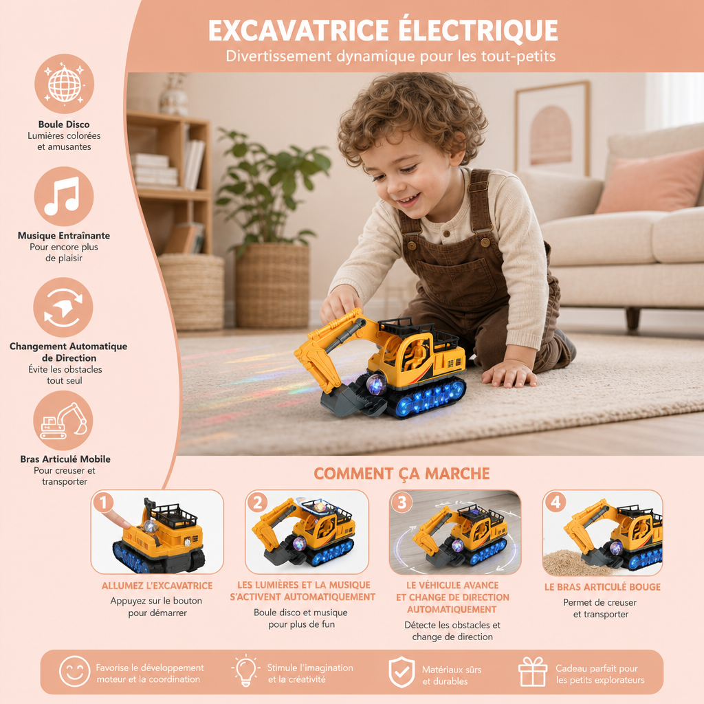 Excavatrice Électrique Pour Enfants Avec Boule Disco, Musique Et Fonction De Changement Automatique De Direction