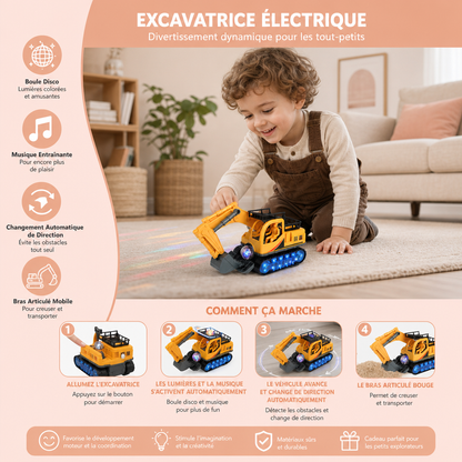 Excavatrice Électrique Pour Enfants Avec Boule Disco, Musique Et Fonction De Changement Automatique De Direction