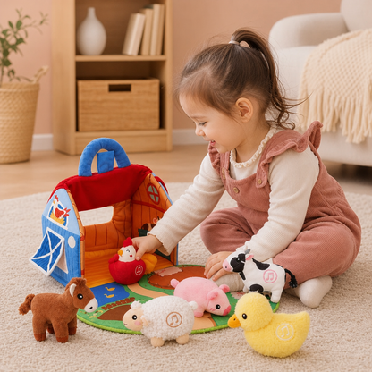 Set de jeu en peluche avec animaux de la ferme – Jouet éducatif interactif avec maison de jeu portable