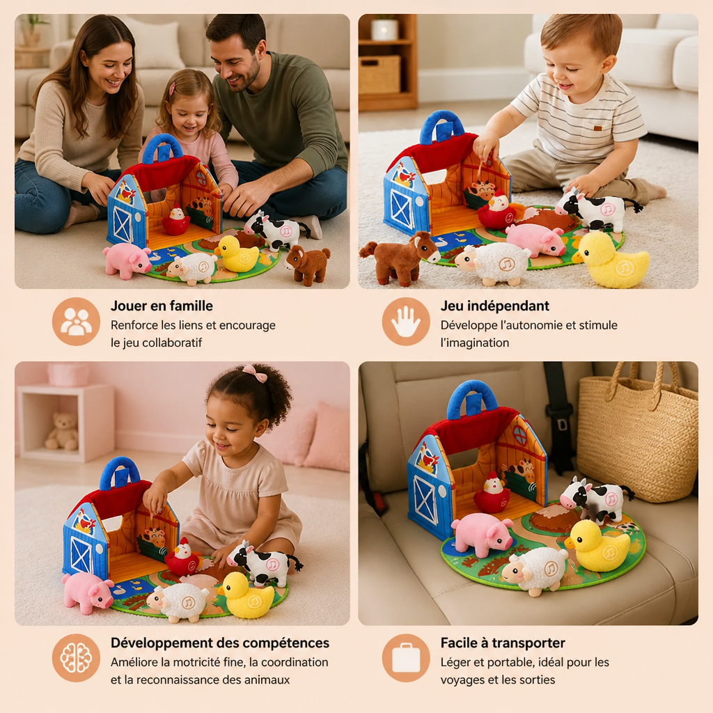 Set de jeu en peluche avec animaux de la ferme – Jouet éducatif interactif avec maison de jeu portable