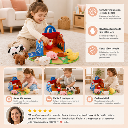 Set de jeu en peluche avec animaux de la ferme – Jouet éducatif interactif avec maison de jeu portable