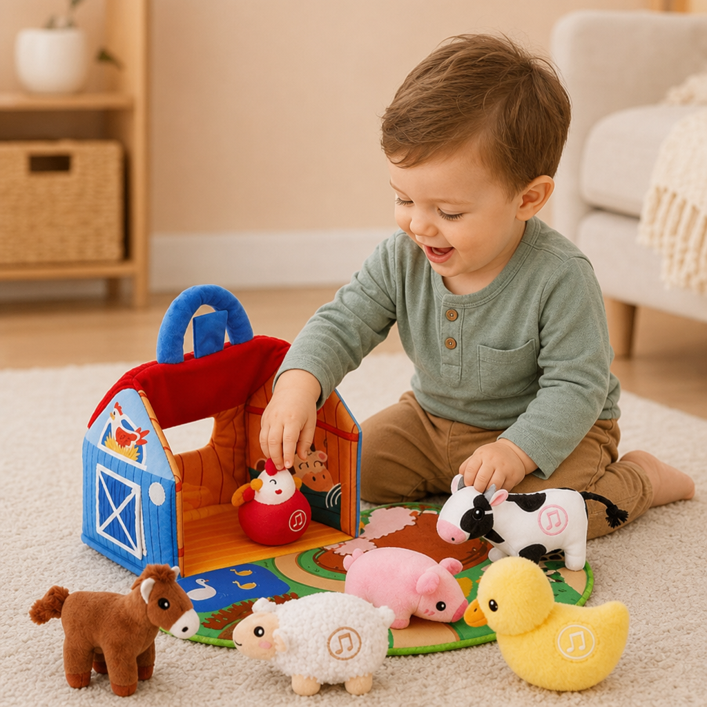 Set de jeu en peluche avec animaux de la ferme – Jouet éducatif interactif avec maison de jeu portable