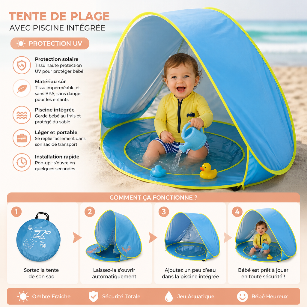 Pop-Up Baby Beach Tent avec Piscine Intégrée et Protection UV – Parasol Portable pour Enfants