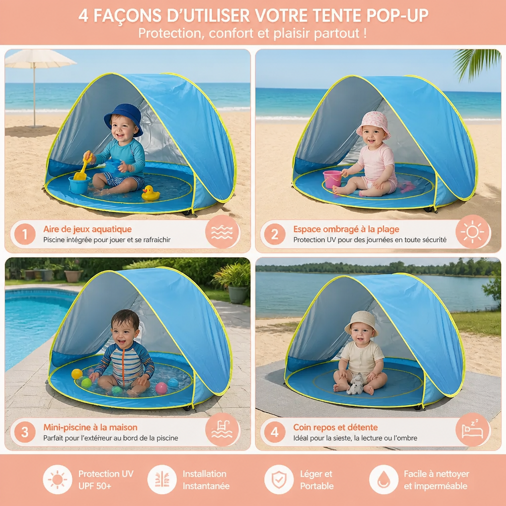 Pop-Up Baby Beach Tent avec Piscine Intégrée et Protection UV – Parasol Portable pour Enfants
