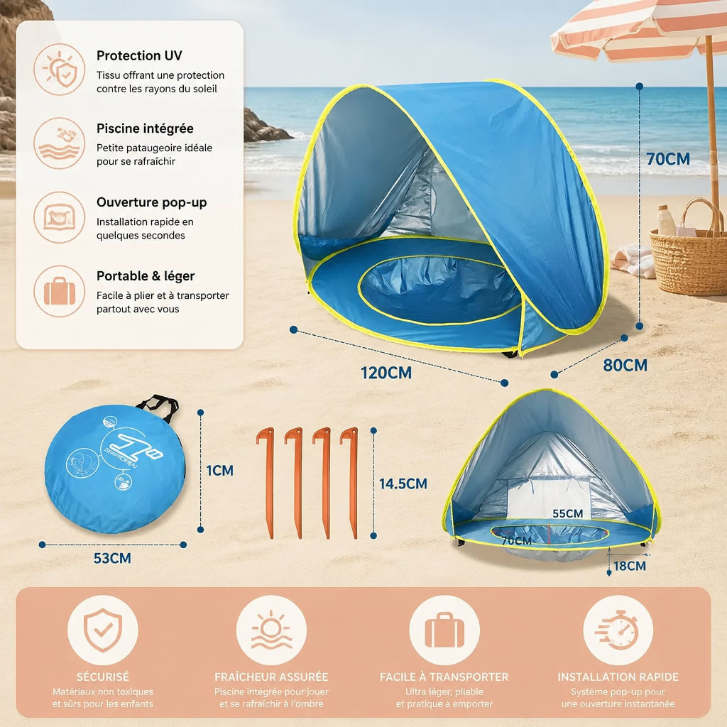 Pop-Up Baby Beach Tent avec Piscine Intégrée et Protection UV – Parasol Portable pour Enfants