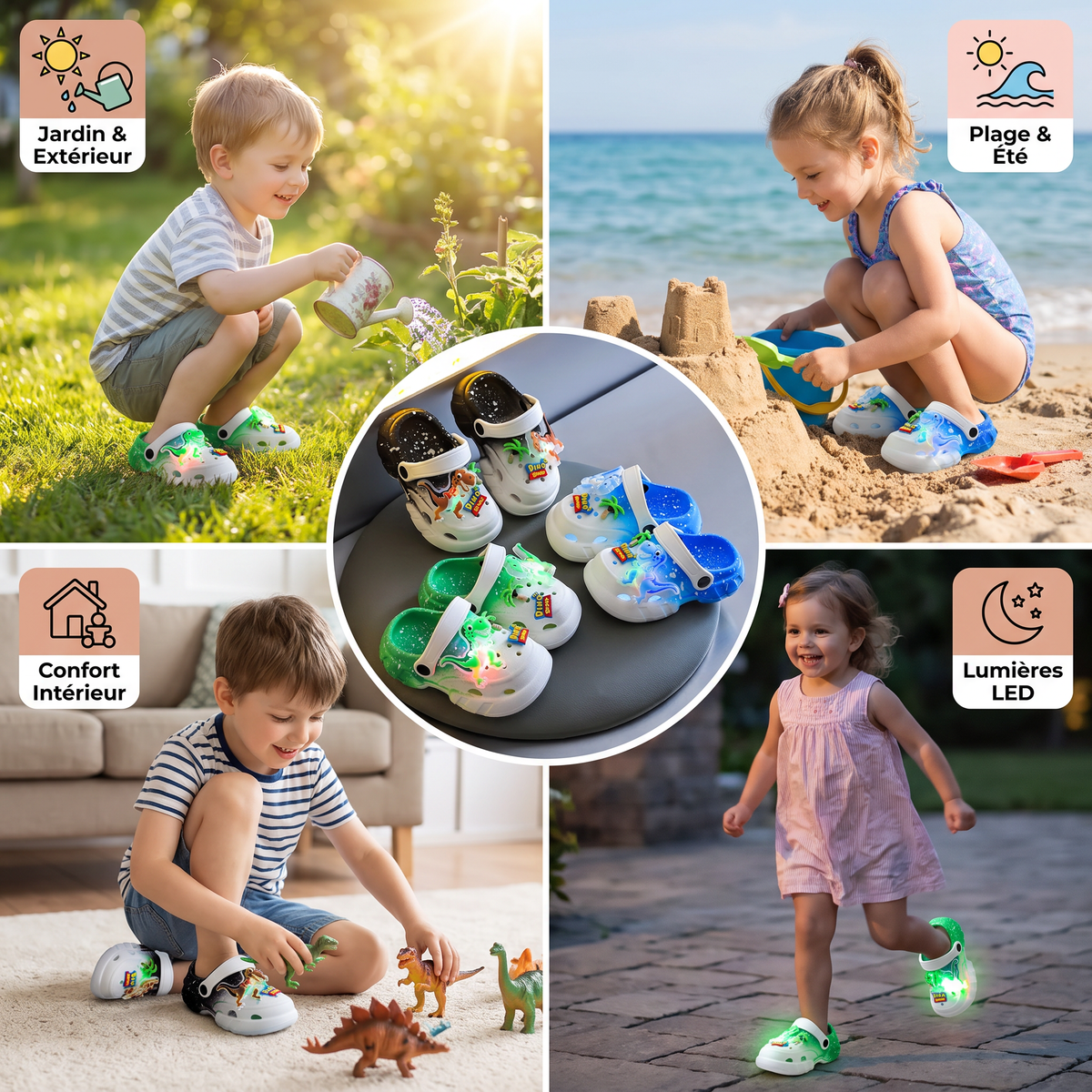 Zoccoli LED a forma di dinosauro per bambini – Scarpe estive e da spiaggia luminose e antiscivolo per il giardino e la spiaggia