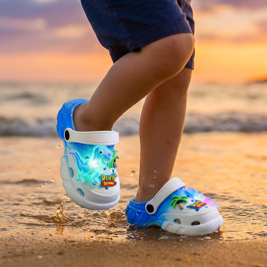Zoccoli LED a forma di dinosauro per bambini – Scarpe estive e da spiaggia luminose e antiscivolo per il giardino e la spiaggia