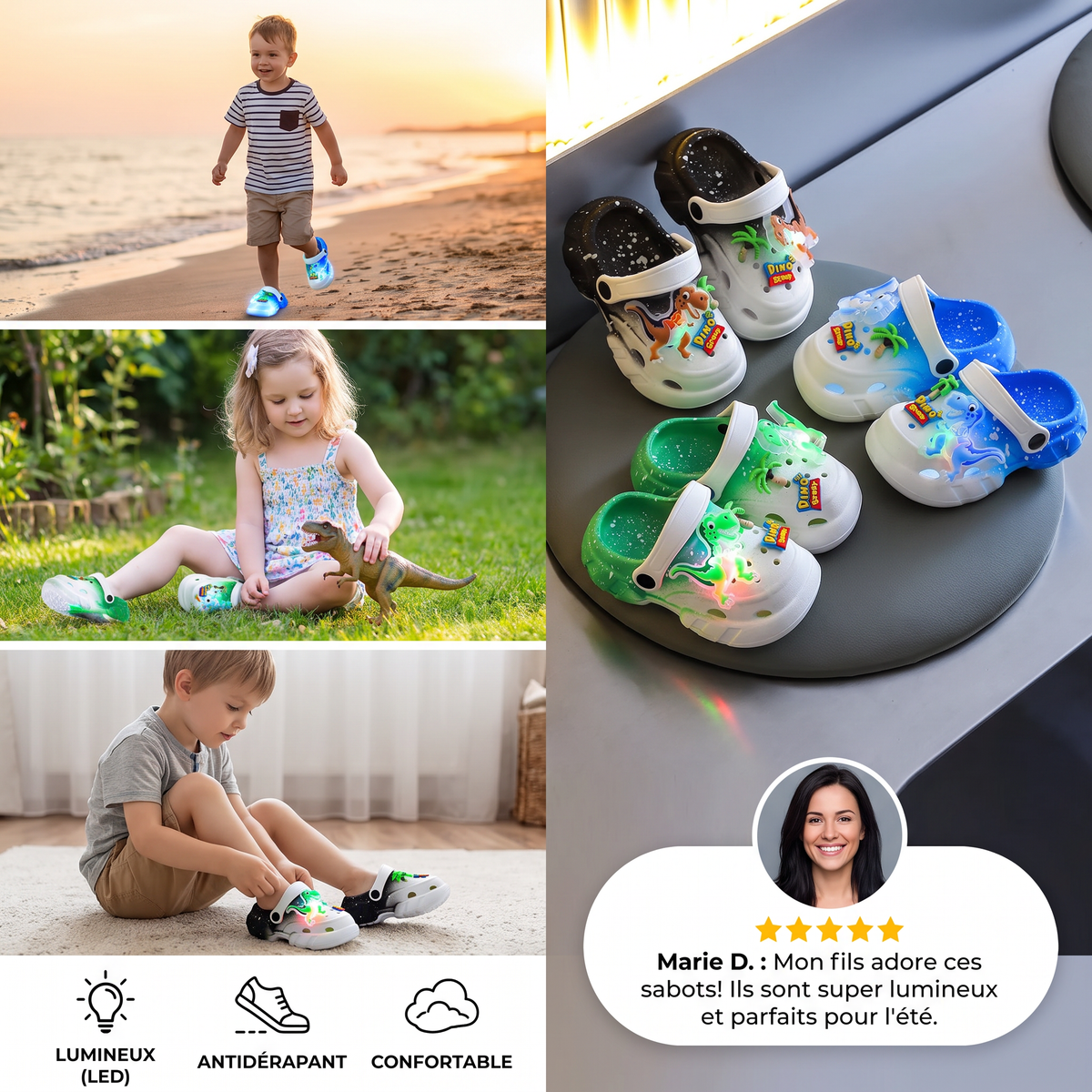 Zoccoli LED a forma di dinosauro per bambini – Scarpe estive e da spiaggia luminose e antiscivolo per il giardino e la spiaggia
