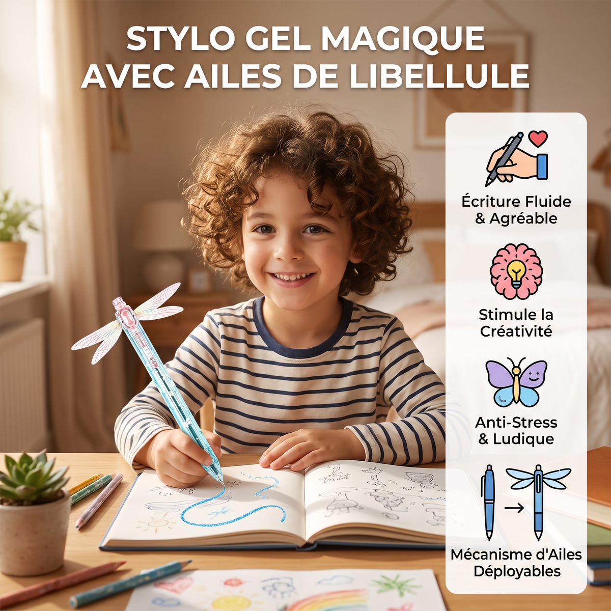 Stylo gel magique avec ailes de libellule