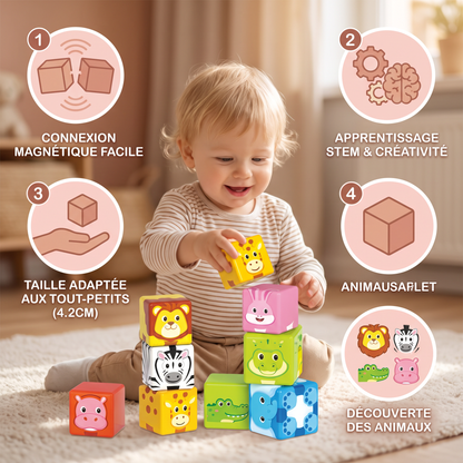 Blocs de construction magnétiques avec animaux de safari de 4,2 cm adaptés aux tout-petits – blocs d’apprentissage STEM