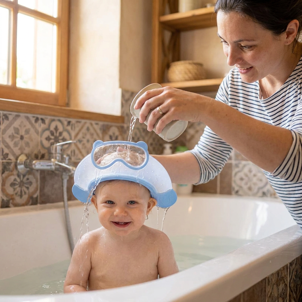 Visière de bain réglable pour bébé avec protection à 360° des yeux et des oreilles contre l’eau et le shampoing