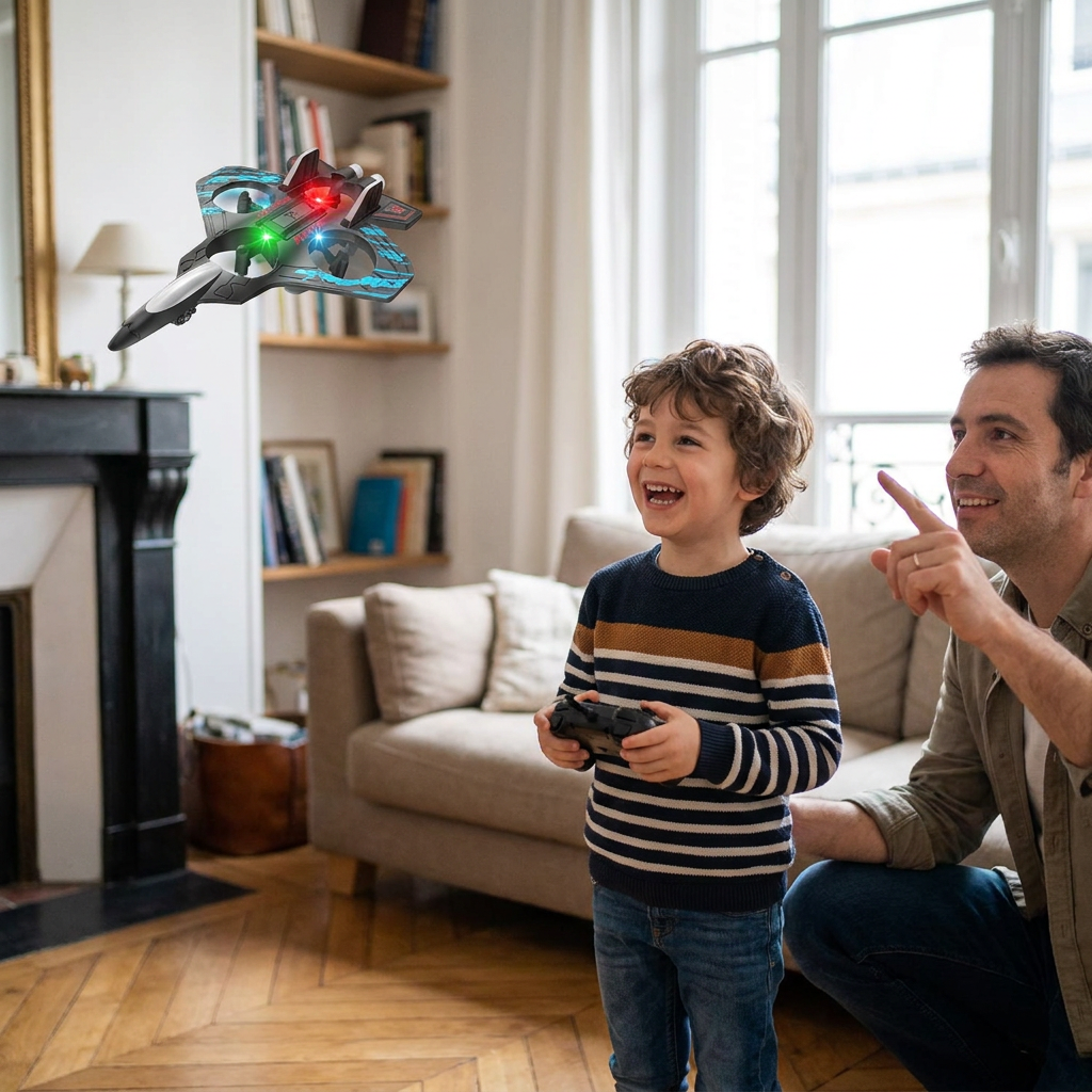 Drone RC en mousse résistante en forme d’avion de chasse pour voler à l’intérieur et à l’extérieur – Figures à 360° et lumières LED