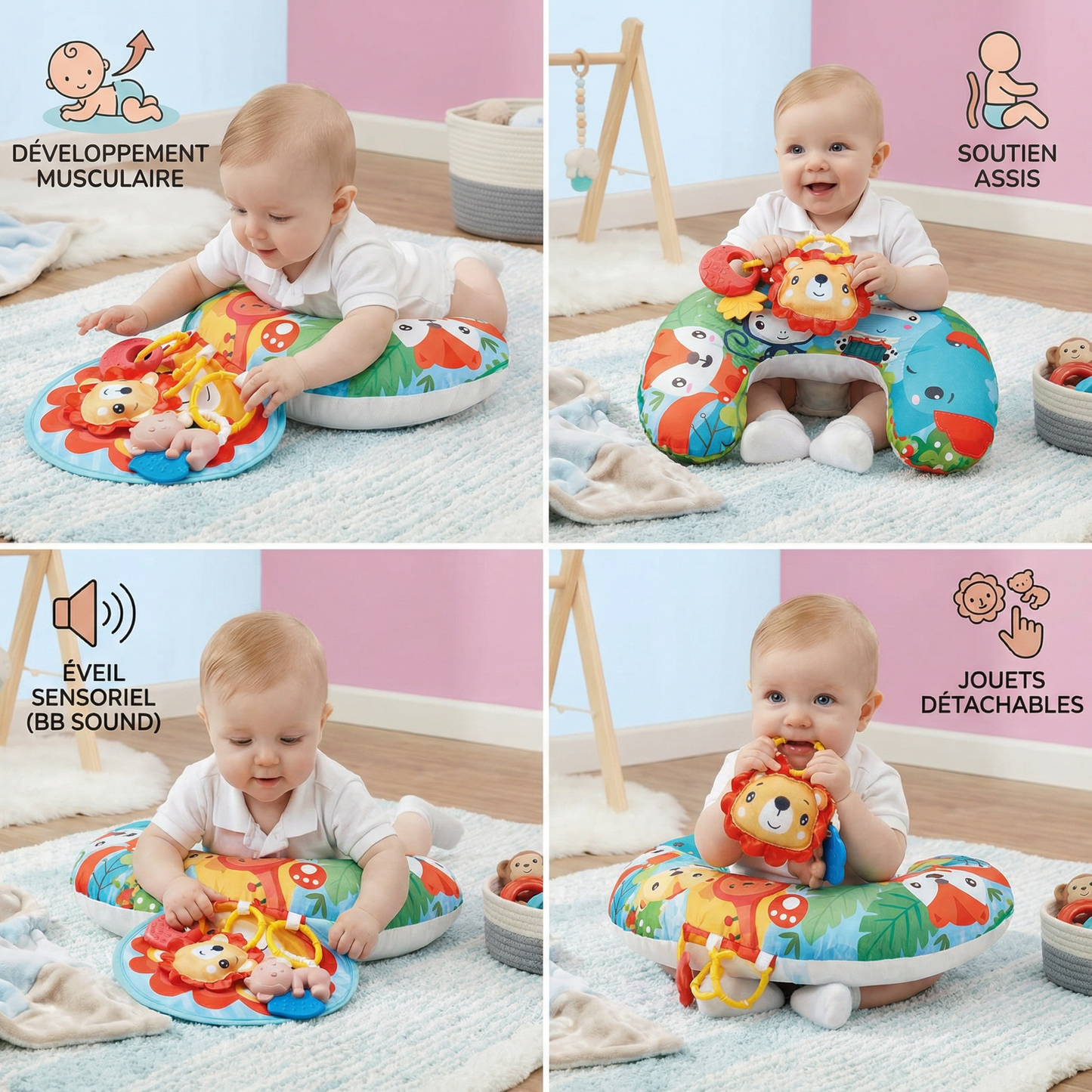 Coussin d'Entraînement pour Bébé pour le Temps Sur le Ventre avec Arche de Jeu – Soutient le Développement Sensoriel et la Croissance Précoce
