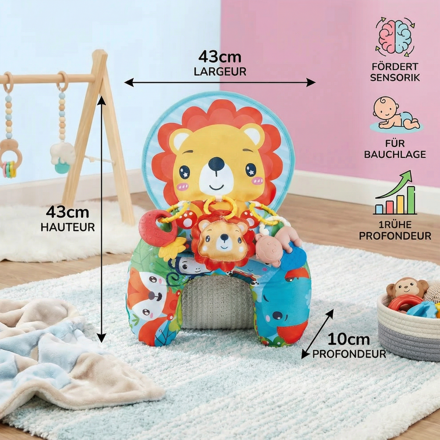 Coussin d'Entraînement pour Bébé pour le Temps Sur le Ventre avec Arche de Jeu – Soutient le Développement Sensoriel et la Croissance Précoce