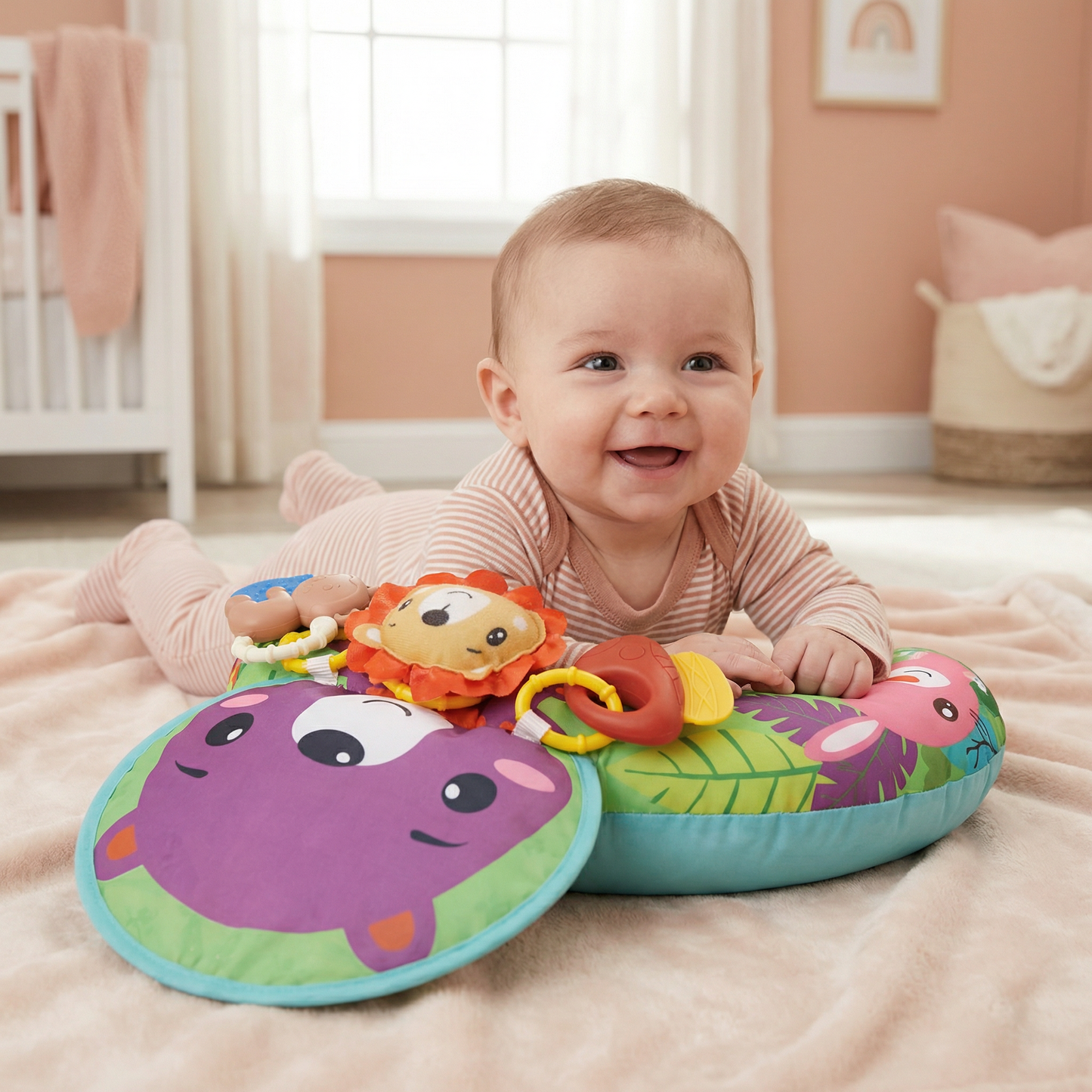 Coussin d'Entraînement pour Bébé pour le Temps Sur le Ventre avec Arche de Jeu – Soutient le Développement Sensoriel et la Croissance Précoce