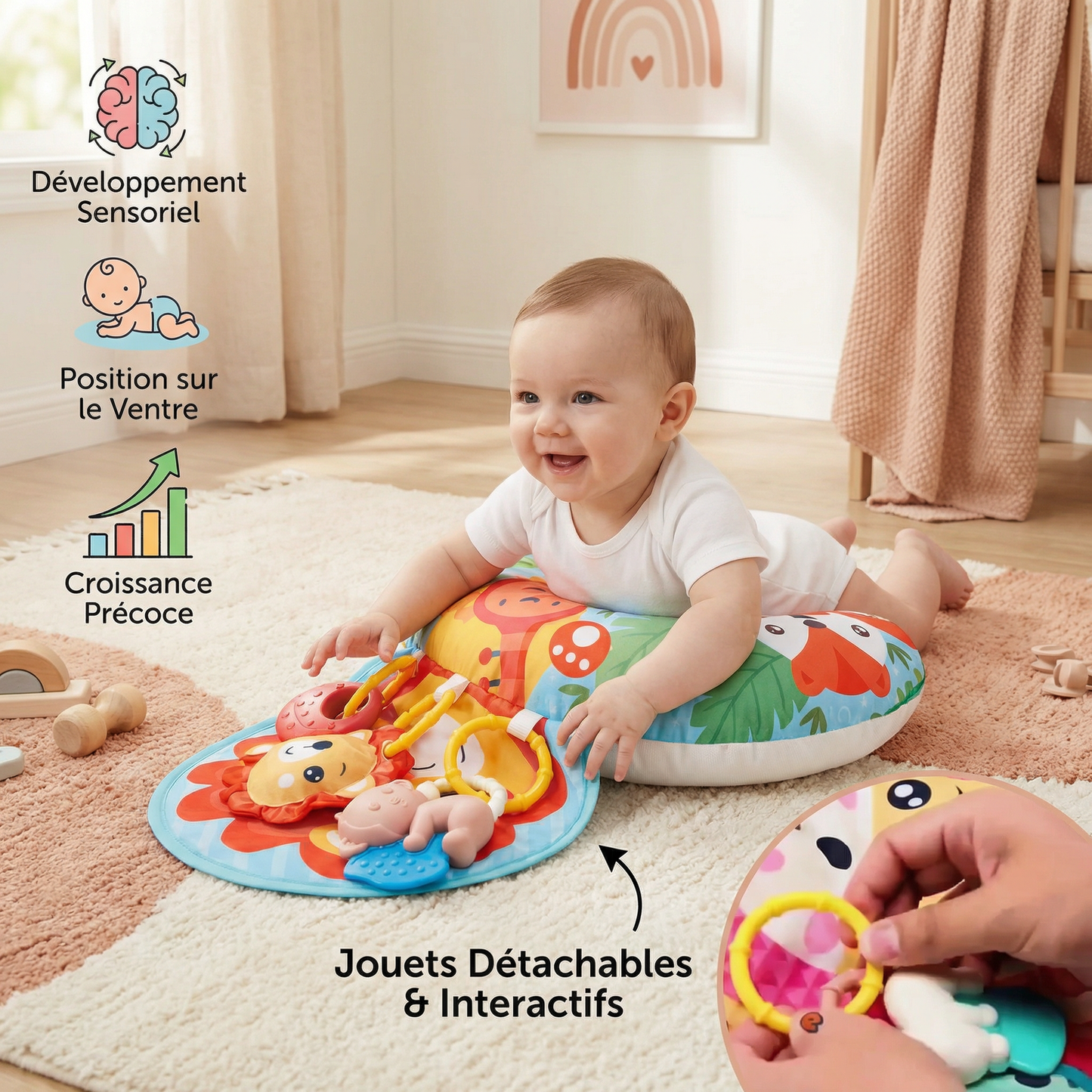 Coussin d'Entraînement pour Bébé pour le Temps Sur le Ventre avec Arche de Jeu – Soutient le Développement Sensoriel et la Croissance Précoce
