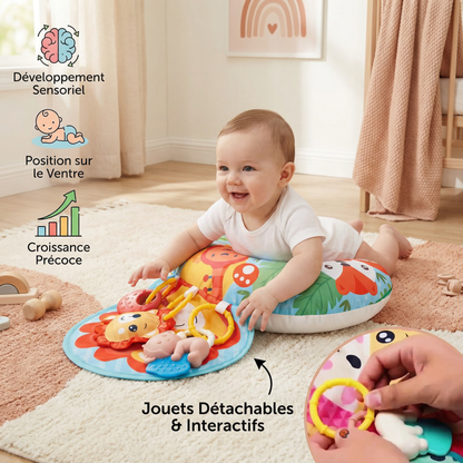 Coussin d'Entraînement pour Bébé pour le Temps Sur le Ventre avec Arche de Jeu – Soutient le Développement Sensoriel et la Croissance Précoce
