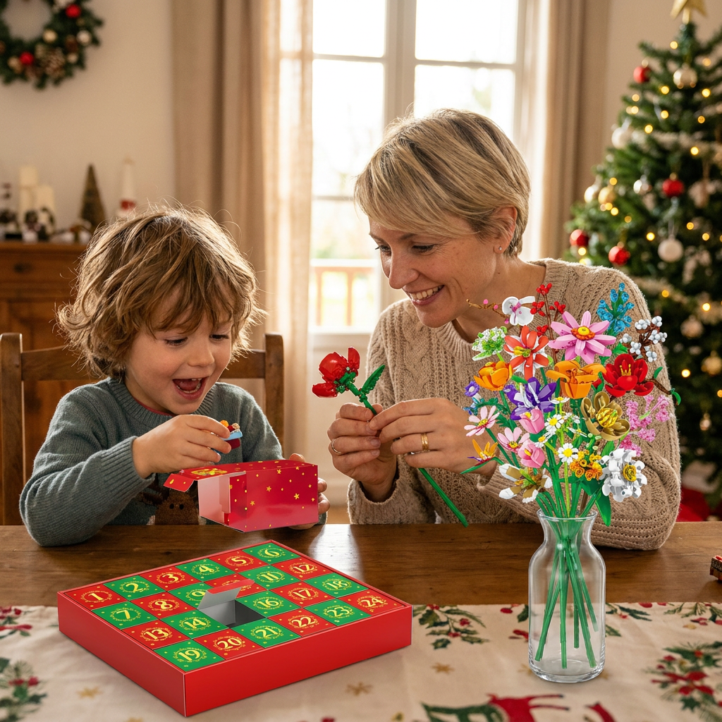 Calendrier De L’Avent De Noël Avec Bouquet De Fleurs En Blocs De Construction