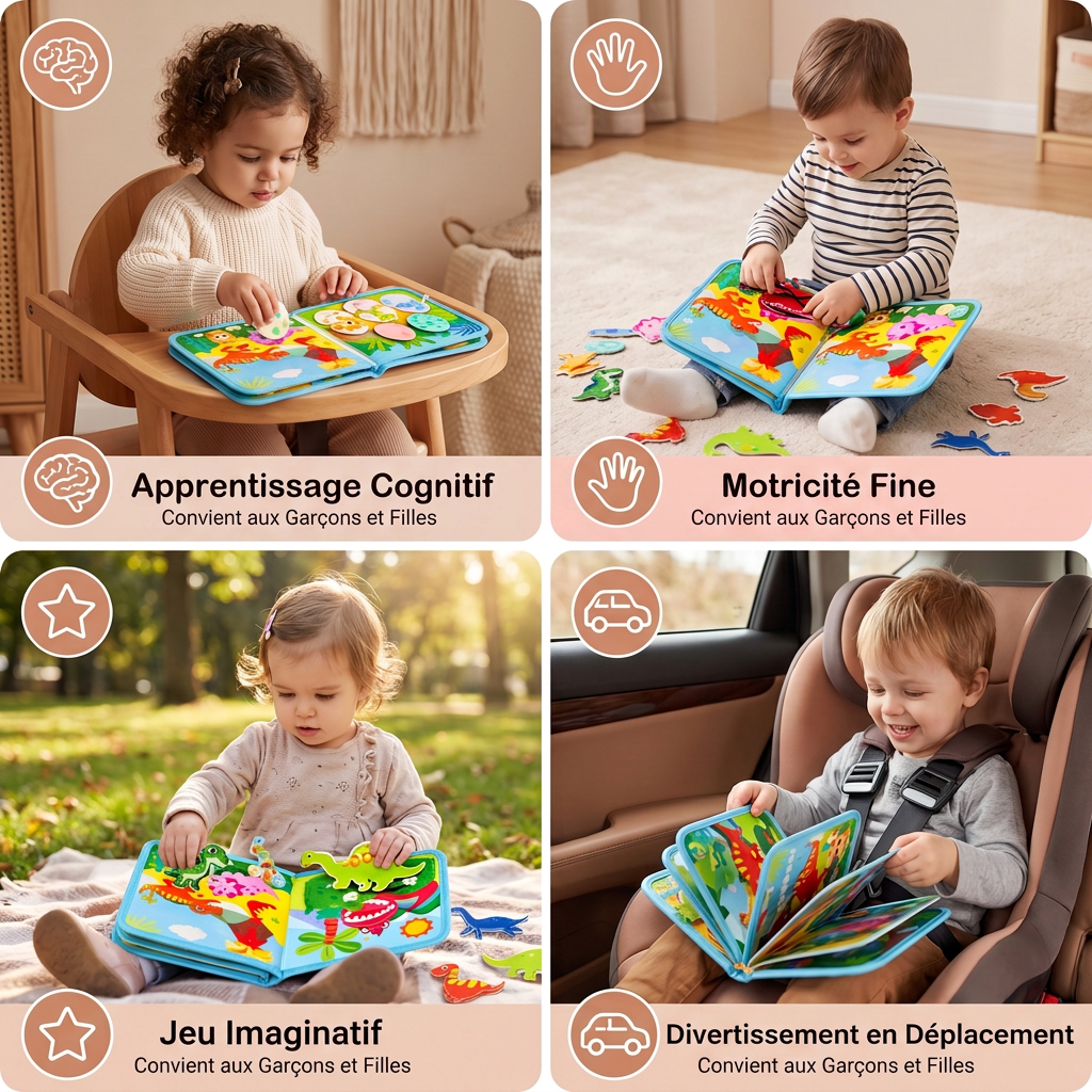 Livre d’Activités Montessori 8-en-1 en Forme de Dinosaure pour Tout-Petits