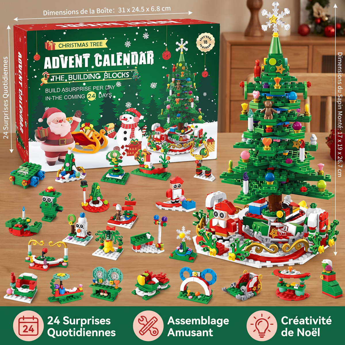 Calendrier de l’Avent avec Blocs de Construction en Forme de Sapin de Noël pour Enfants