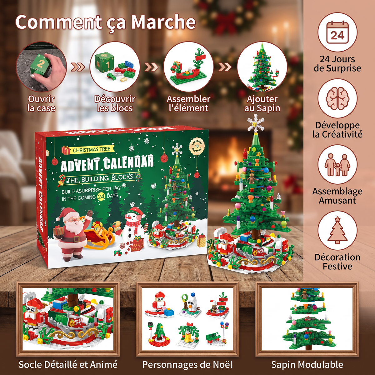 Calendrier de l’Avent avec Blocs de Construction en Forme de Sapin de Noël pour Enfants