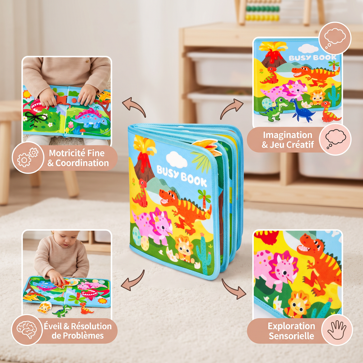 Livre d’Activités Montessori 8-en-1 en Forme de Dinosaure pour Tout-Petits