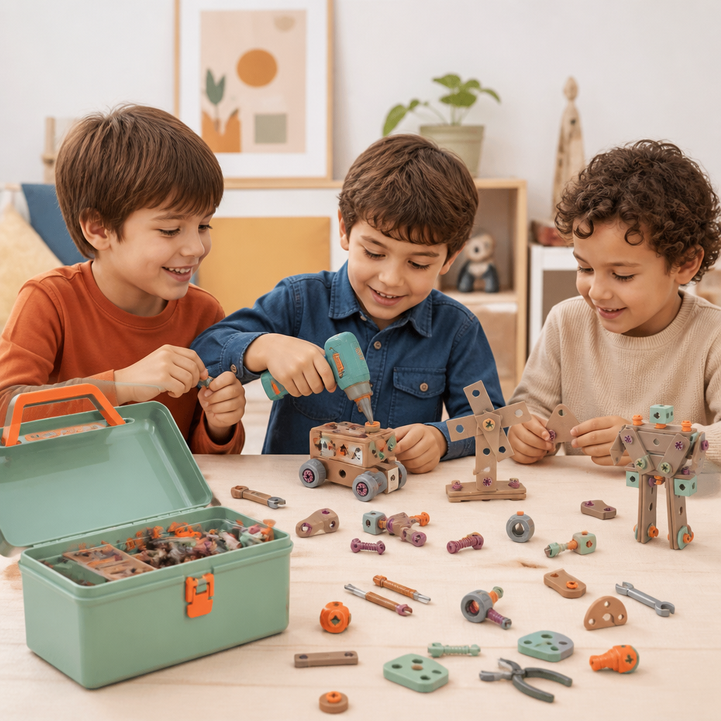 Kit d’outils pour enfants de 144 pièces avec perceuse et mallette – Kit de construction STEM Montessori