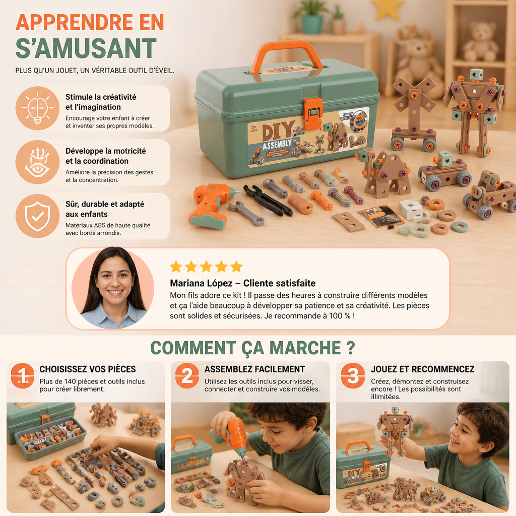 Kit d’outils pour enfants de 144 pièces avec perceuse et mallette – Kit de construction STEM Montessori
