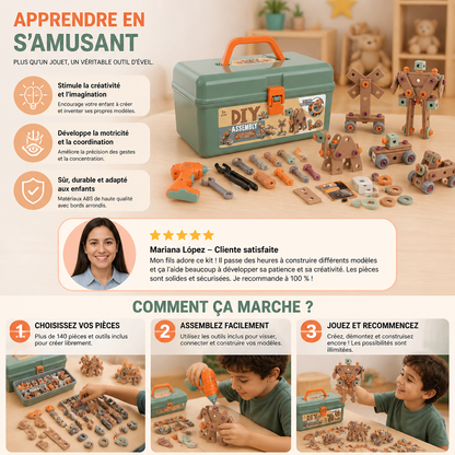 Kit d’outils pour enfants de 144 pièces avec perceuse et mallette – Kit de construction STEM Montessori