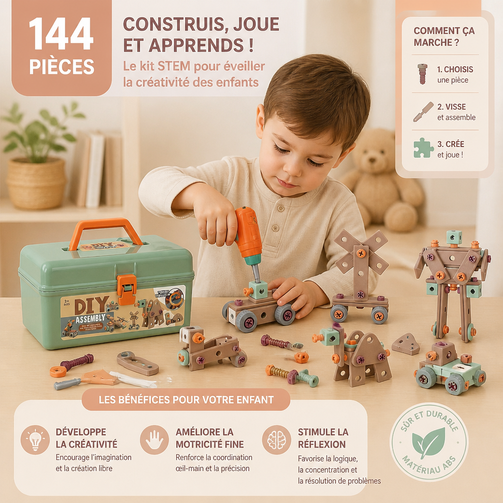 Kit d’outils pour enfants de 144 pièces avec perceuse et mallette – Kit de construction STEM Montessori
