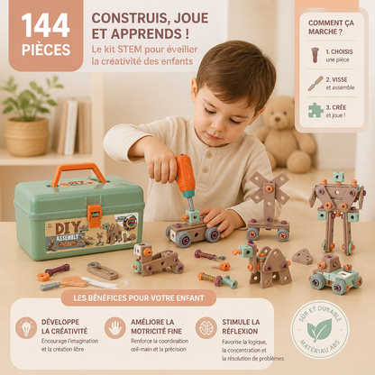 Kit d’outils pour enfants de 144 pièces avec perceuse et mallette – Kit de construction STEM Montessori