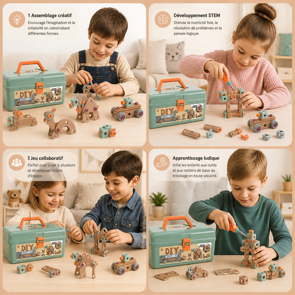 Kit d’outils pour enfants de 144 pièces avec perceuse et mallette – Kit de construction STEM Montessori