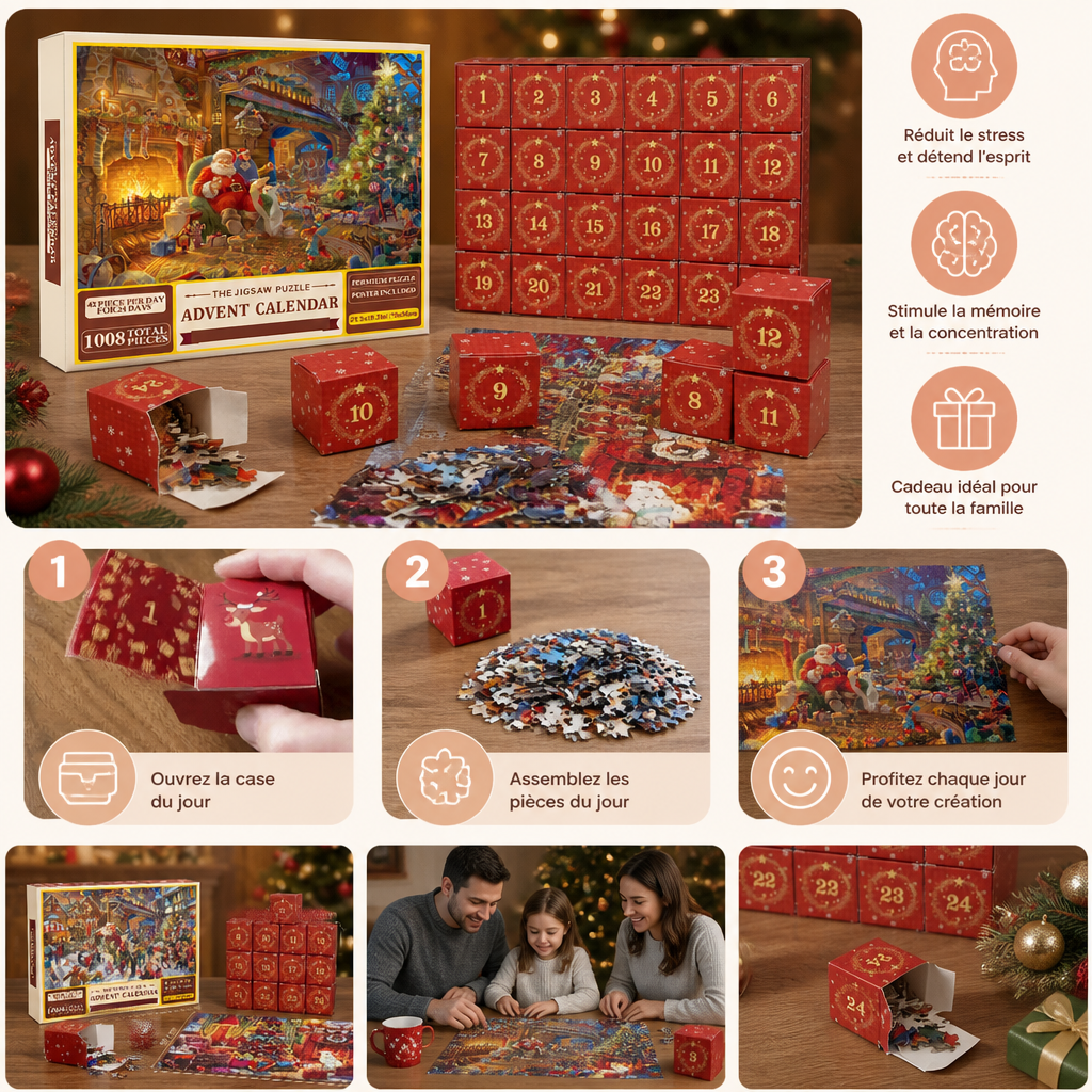 Calendrier de l’Avent Puzzle de Noël – Set de Puzzle de 1008 Pièces pour 24 Jours