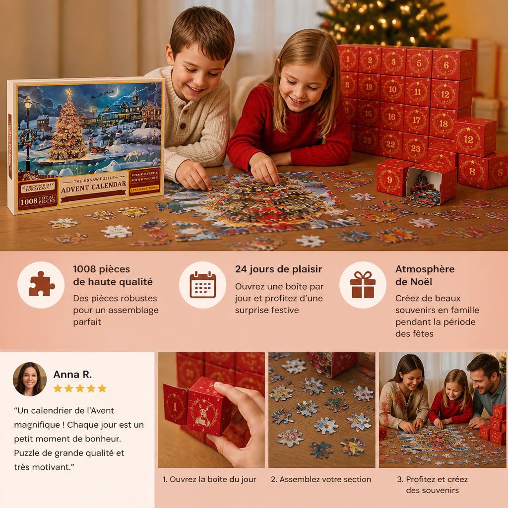 Calendrier de l’Avent Puzzle de Noël – Set de Puzzle de 1008 Pièces pour 24 Jours