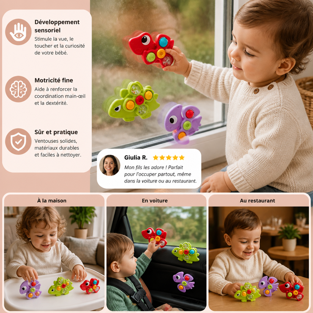 Set de 3 Toupies à Ventouse en Forme de Dinosaure pour Bébés et Jeunes Enfants