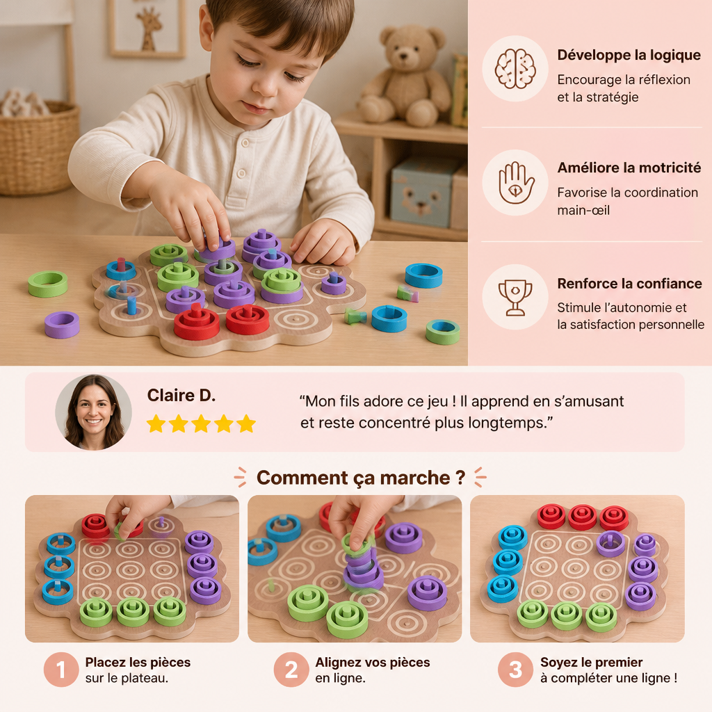 Jeu de Stratégie Éducatif en Bois de Morpion à 3 Niveaux pour Enfants