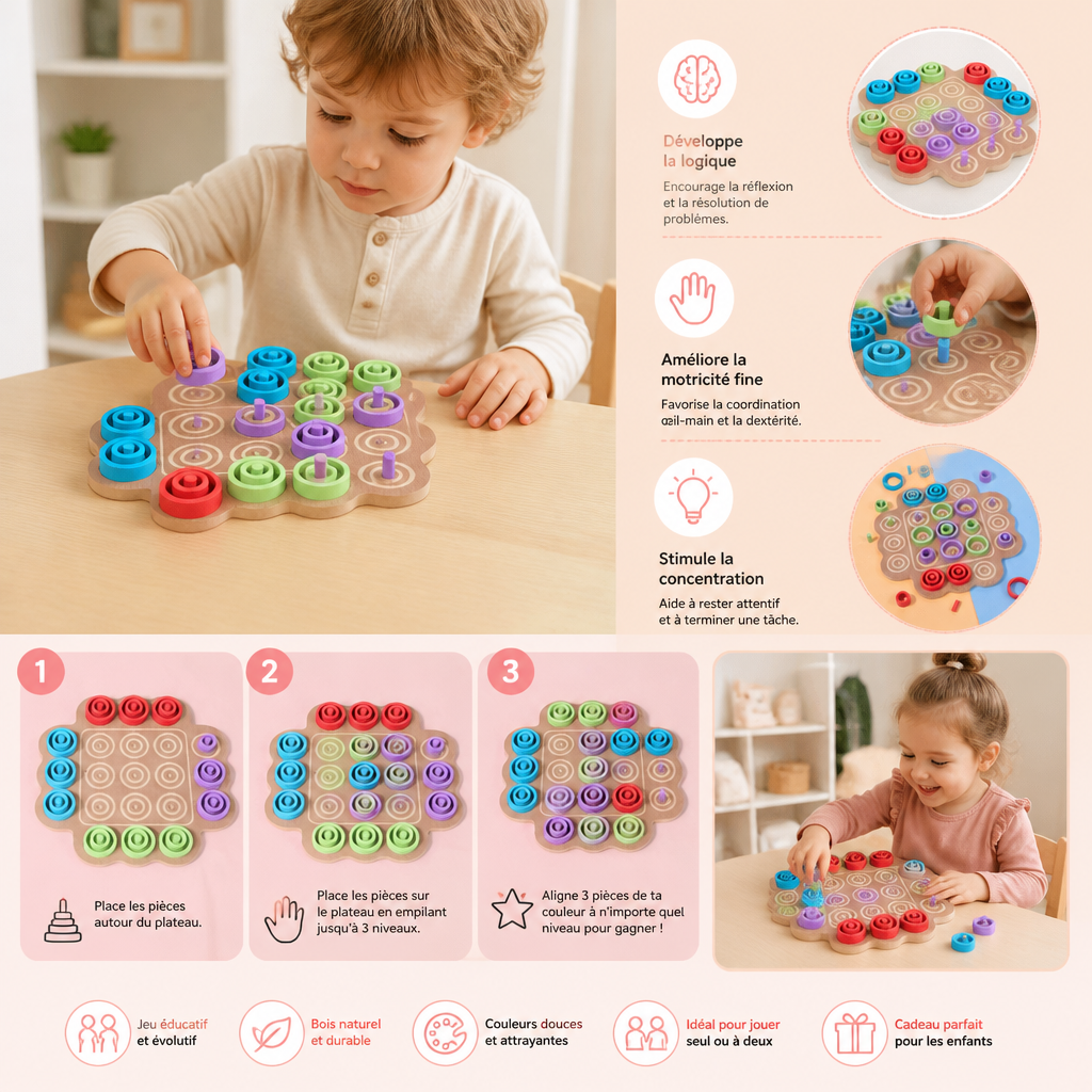 Jeu de Stratégie Éducatif en Bois de Morpion à 3 Niveaux pour Enfants