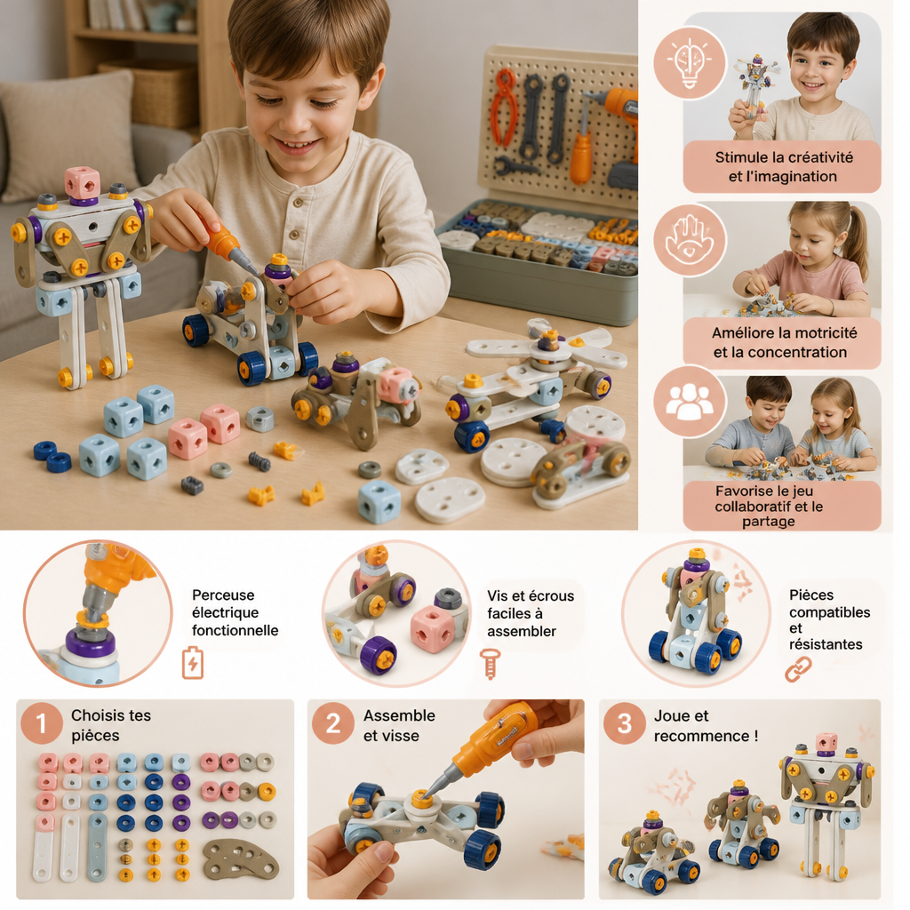 Kit de Bricolage pour Enfants avec Perceuse Électrique – Jeu de Construction STEM