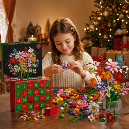 Calendrier De L’Avent De Noël Avec Bouquet De Fleurs En Blocs De Construction