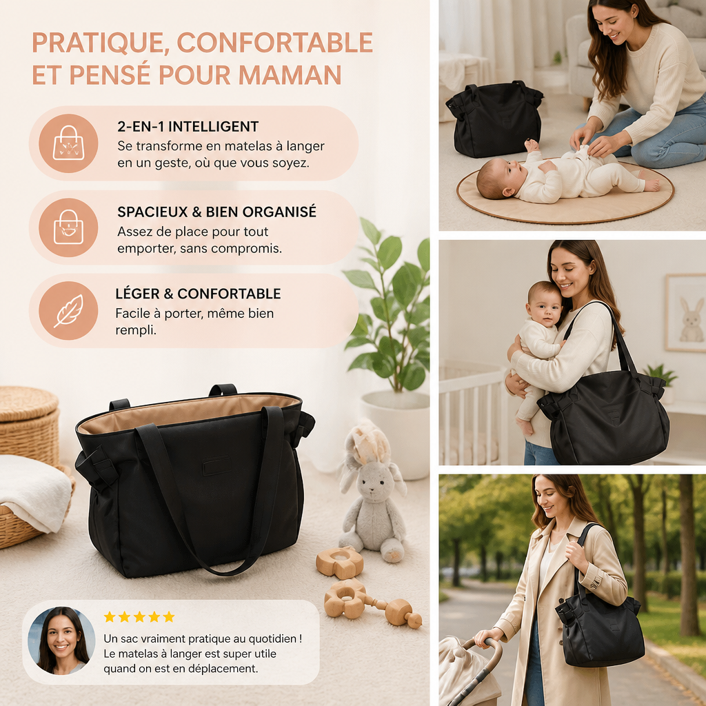 Sac à langer pliable 2-en-1 avec matelas à langer – Sac de voyage léger et spacieux pour mamans