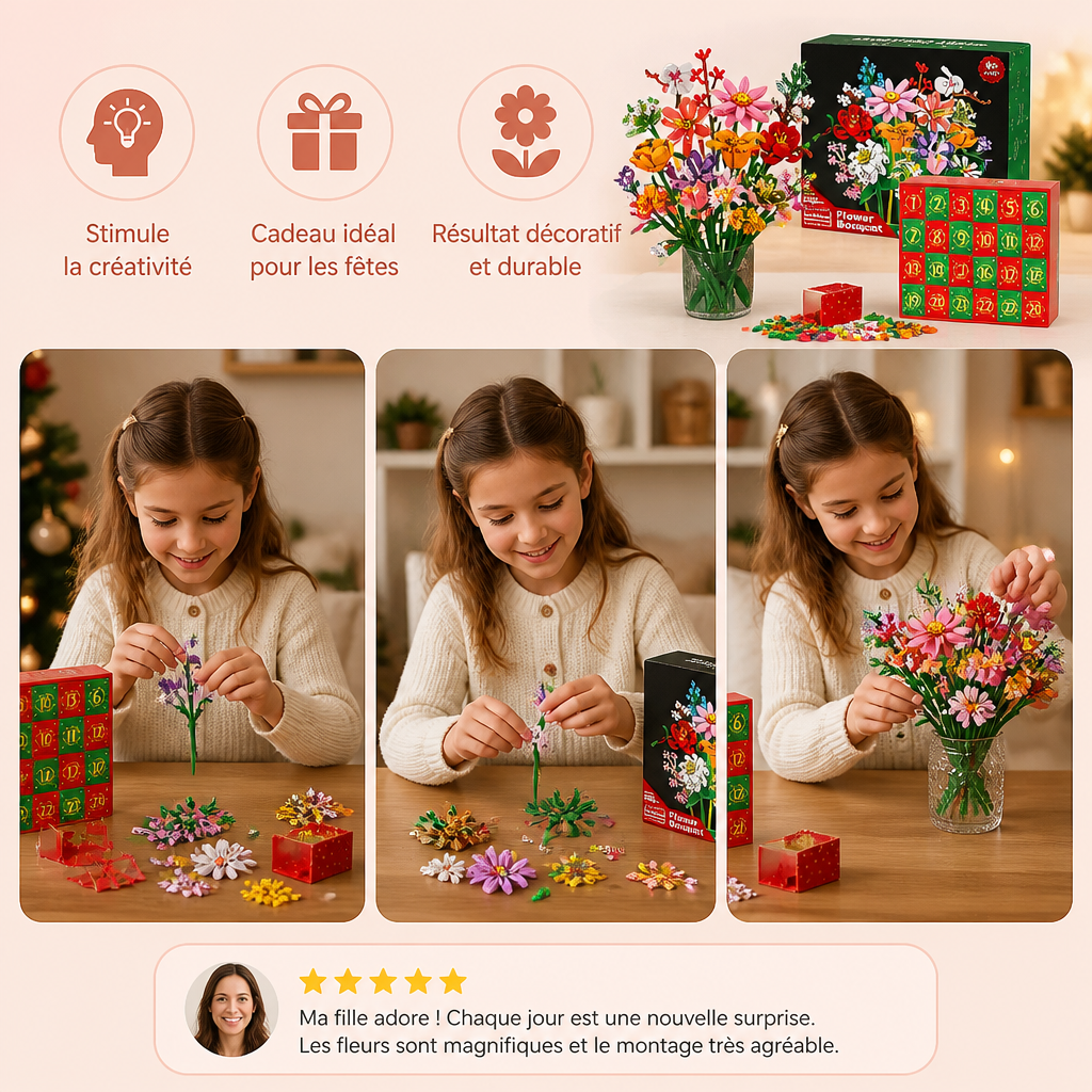 Calendrier De L’Avent De Noël Avec Bouquet De Fleurs En Blocs De Construction