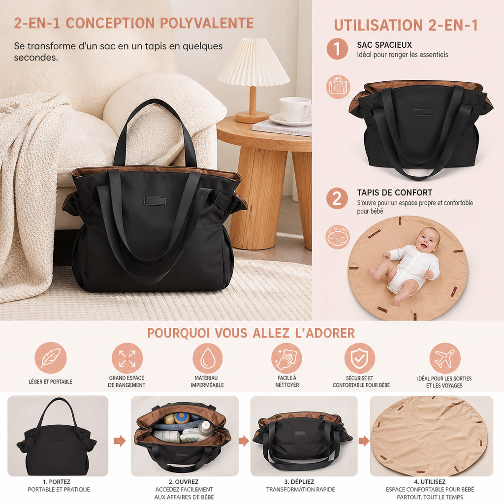Sac à langer pliable 2-en-1 avec matelas à langer – Sac de voyage léger et spacieux pour mamans
