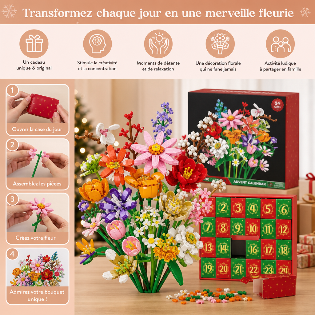 Calendrier De L’Avent De Noël Avec Bouquet De Fleurs En Blocs De Construction