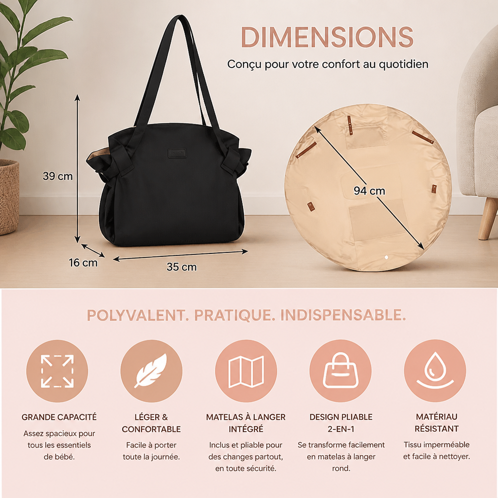 Sac à langer pliable 2-en-1 avec matelas à langer – Sac de voyage léger et spacieux pour mamans