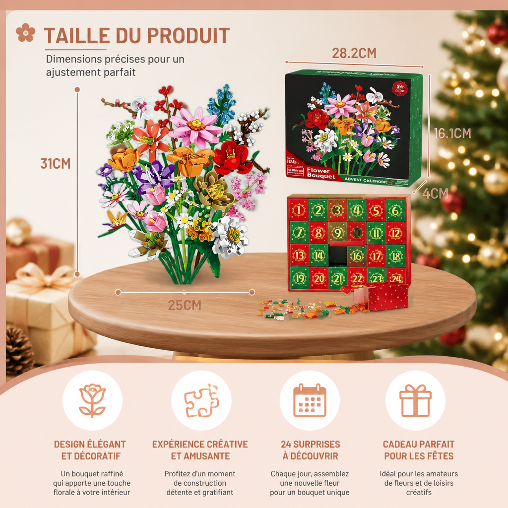 Calendrier De L’Avent De Noël Avec Bouquet De Fleurs En Blocs De Construction