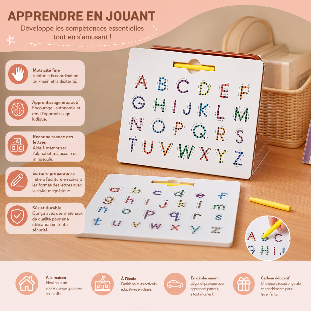 Tableau Magnétique 2-en-1 pour S'entraîner à Écrire les Lettres Majuscules et Minuscules