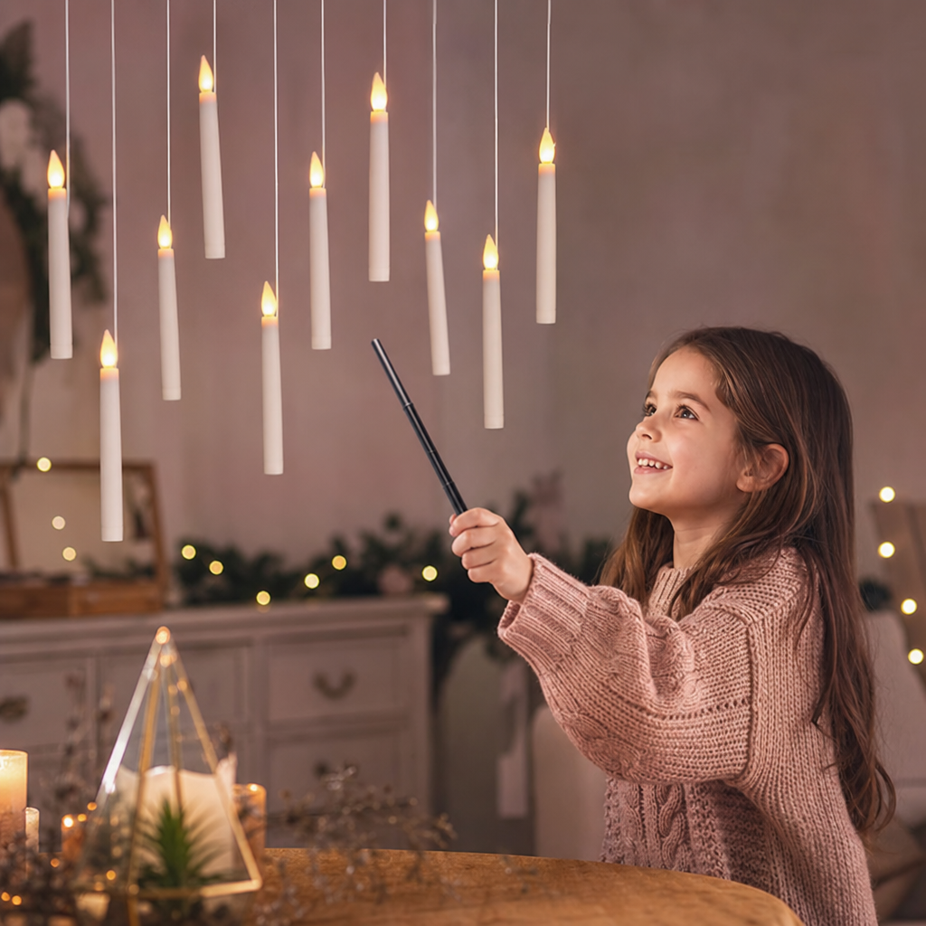 Bougies LED Flottantes Contrôlées par Baguette Magique avec Crochets de Suspension