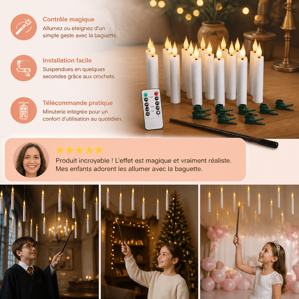 Bougies LED Flottantes Contrôlées par Baguette Magique avec Crochets de Suspension